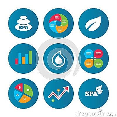 Spa stones icons. Water drop with leaf symbols. Vector Illustration