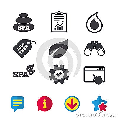 Spa stones icons. Water drop with leaf symbols. Vector Illustration