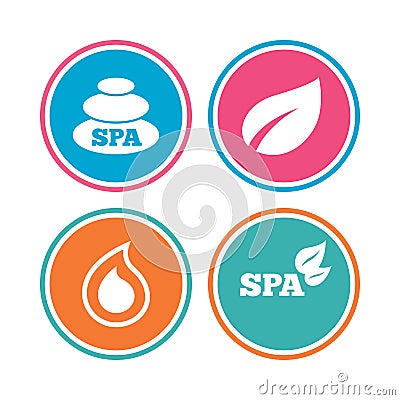 Spa stones icons. Water drop with leaf symbols. Vector Illustration