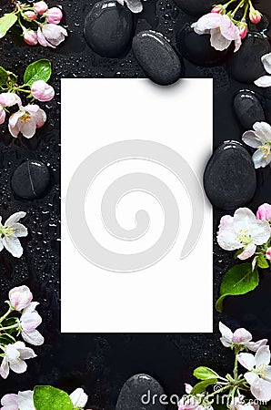 Spa stones, pink flowers on black background with water and white sheet of paper in the middle, Stock Photo