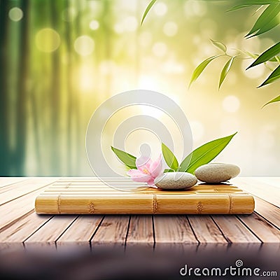 Spa Stones and Lily on Bamboo Matte. AI generative Stock Photo