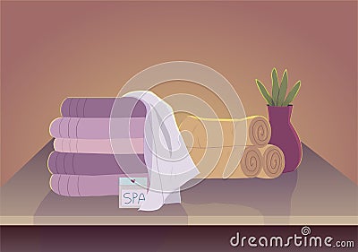 Spa table with towels and plant Vector Illustration