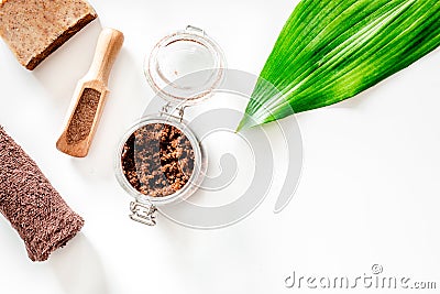 Spa treatment. Coffee scrub on white background top view copyspace Stock Photo