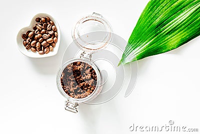 Spa treatment. Coffee scrub on white background top view copyspace Stock Photo