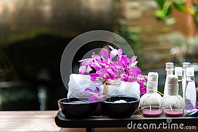 Spa treatment and product for female feet and manicure nails spa with pink flower, copy space, soft and select focus, Stock Photo