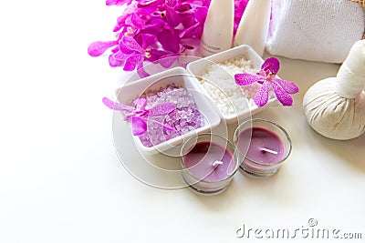 Spa treatment and product for female feet and manicure nails spa with pink flower, copy space, soft and select focus Stock Photo