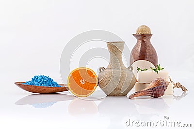 Spa treatment sea salt and herbs natural spa Ingredients . Stock Photo