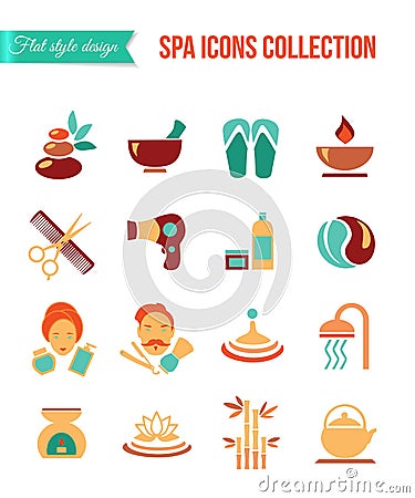 Spa treatments for men and women. Set of spa and beauty flat icons. Healthcare salon, haircut, skin care, herbal therapy Vector Illustration