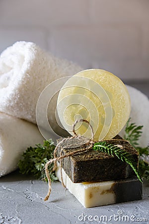 Spa treatments with natural soap and towels. Natural Herbal Products. Spa Stock Photo