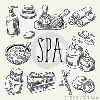 Spa Wellness Beauty Hand Drawn Doodle. Aromatherapy Health Elements Set. Skin Treatment Vector Illustration