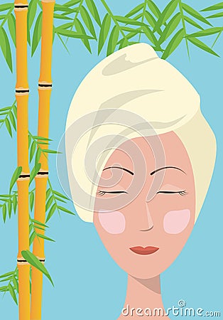 Spa woman towel care skin bamboo blue background Vector Illustration