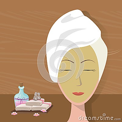 Spa woman towel wear facial mask care Vector Illustration