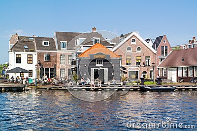 Spaarne river waterfront cafe, Haarlem, Netherlands Editorial Stock Photo