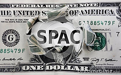 SPAC - Special Purpose Acquisition Company -- text on a torn dollar bill Stock Photo