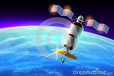 Artificial satellites orbiting the planet Earth in outer space isolated on dark background. Cartoon style vector illustration Cartoon Illustration