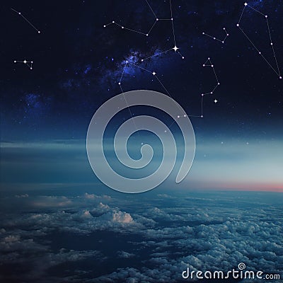 Space above the clouds, constellations in starry sky Stock Photo