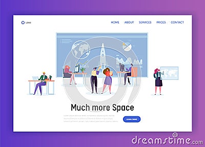 Space Administration Office Landing Page. Character Work on Aeronautics and Aerospace Research. Engineer Construct Rocket Vector Illustration