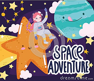 Space adventure cute cartoon astronaut shooting star planets Vector Illustration