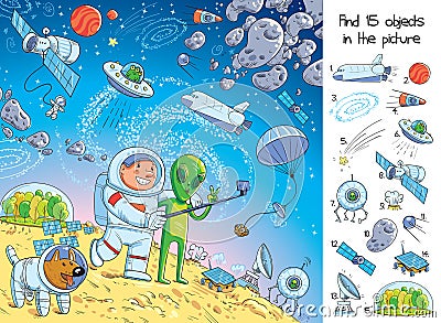 Space adventure. Find 15 objects in a picture Vector Illustration