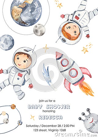 Watercolor baby shower Space adventure with little astronaut, planet, rocket, stars, comet Stock Photo