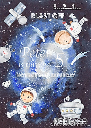 Watercolor birthday invitation Space adventure with lunar rover, little astronaut, satellite space premade card Stock Photo