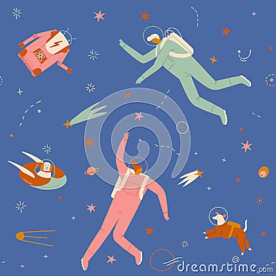 Space adventure pattern with boy, girl, dog and robot astronaut explore cosmos seamless pattern. Vector Illustration