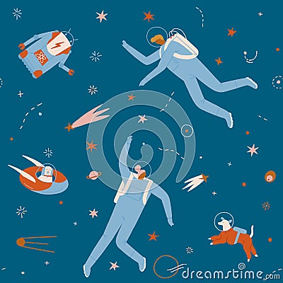 Space adventure pattern with boy, girl, dog and robot astronaut explore cosmos seamless pattern. Vector Illustration