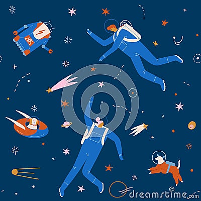 Space adventure pattern with boy, girl, dog and robot astronaut explore cosmos seamless pattern. Vector Illustration