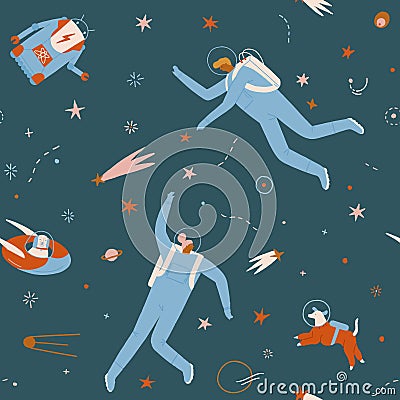 Space adventure pattern with boy, girl, dog and robot astronaut explore cosmos seamless pattern. Vector Illustration