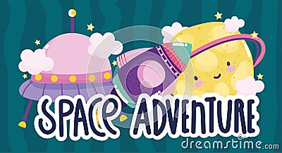 Space adventure spaceship ufo saturn planet cute cartoon Vector Illustration