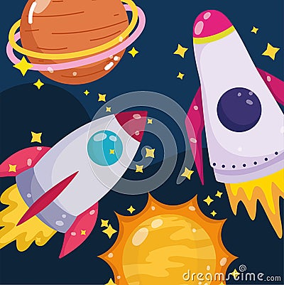 space adventure spaceships sun planet stars explore cartoon Vector Illustration