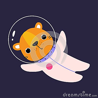 Space Adventure with Tiger Astronaut in Spacesuit Floating Exploring Galaxy Vector Illustration Stock Photo