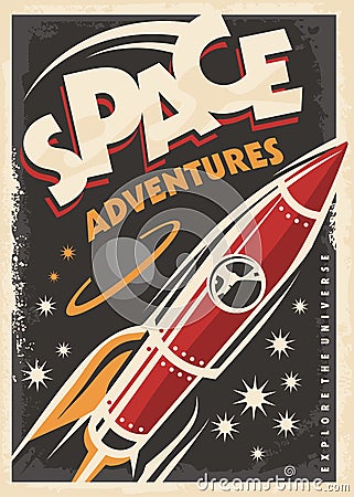 Space adventures, retro poster design Vector Illustration