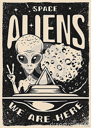 Space alien poster monochrome vintage Vector Illustration