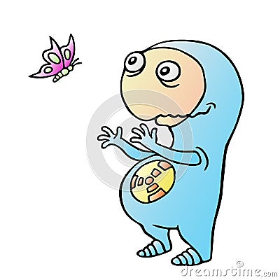 Space alien wants to catch the butterfly. Vector illustration. Vector Illustration