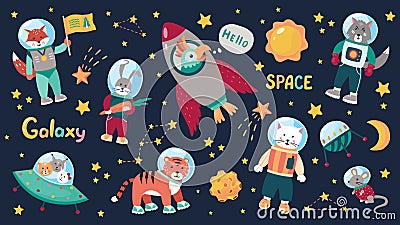 Space animal kids. Cartoon baby astronauts with stars and planets and spaceships. Vector doodle animals in space Vector Illustration