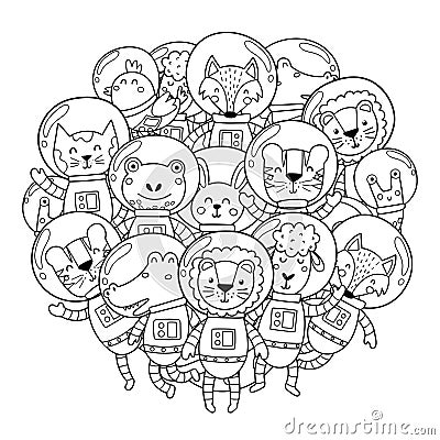 Space animals circle shape pattern for coloring book. Cute animals astronauts Vector Illustration