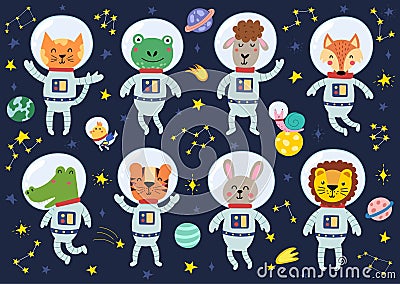 Space animals collection. Cute astronauts in space suits set Vector Illustration