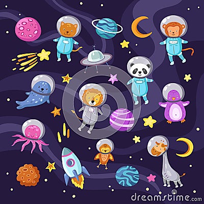 Space animals. Cute baby animal panda cat lion giraffe monkey octopus penguin astronauts flying kid pets cartoon science Vector Illustration