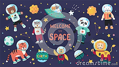 Space animals. Cute cartoon trendy baby animal characters in space suits, set of science kids in cosmos. Vector flat Vector Illustration