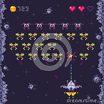 Space arcade game level. Retro invaders, pixel art video games and monster invader spaceship gaming vector illustration Vector Illustration