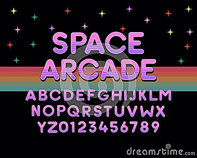 Space Arcade vector font design. Retro vintage modern round bold font with purple colors. Gaming, sci-fi and other retro, Vector Illustration