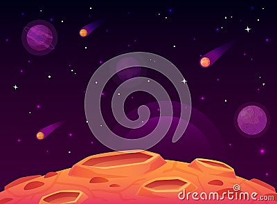 Space asteroid surface. Planet with craters surface, space planets landscape and comet crater cartoon vector Vector Illustration