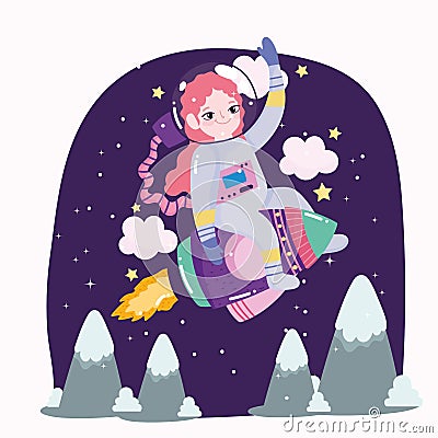 Space astronaut girl in spaceship explore and adventure cute cartoon Vector Illustration