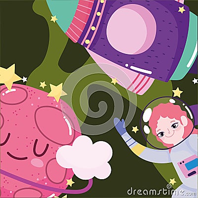 Space astronaut girl spaceship and planet galaxy adventure cute cartoon Vector Illustration