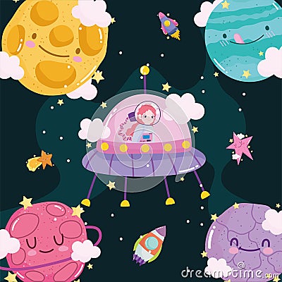 Space astronaut girl in ufo rocket sun planets adventure cute cartoon Vector Illustration
