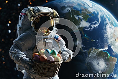 A space astronaut hold Easter eggs in basket. earth planet background. Generative ai Stock Photo