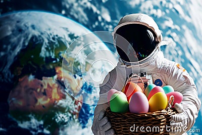A space astronaut hold Easter eggs in basket. earth planet background. Generative ai Stock Photo