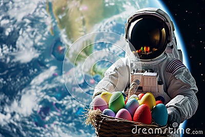 A space astronaut hold Easter eggs in basket. earth planet background. Generative ai Stock Photo