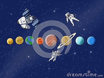 Space with astronout satelite and planr illustration Cartoon Illustration